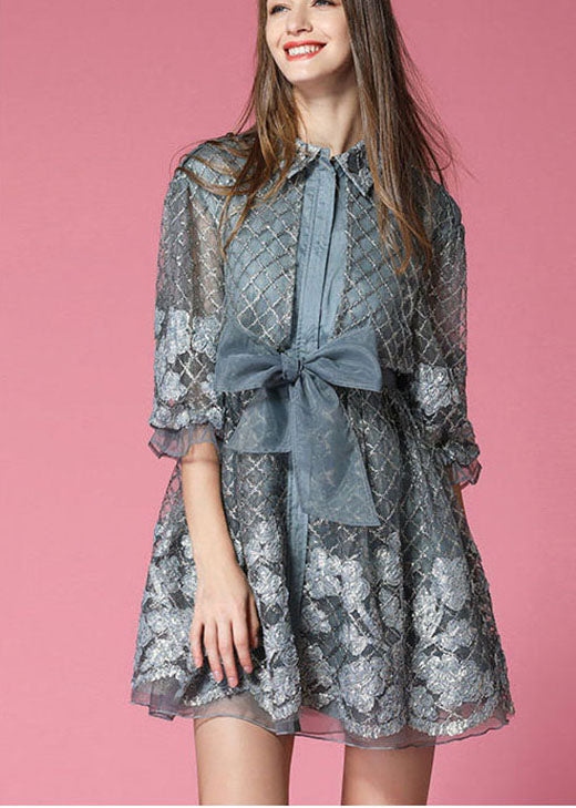 Grey Organza Patchwork Hollow Out Bow Waist Fall Half Sleeve Coat
