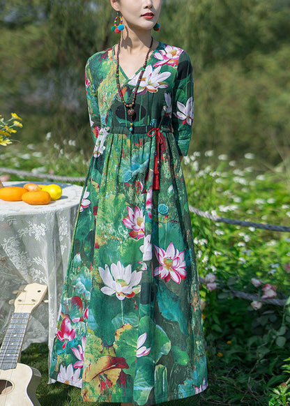 Green V Neck Print Elastic Waist Maxi Dresses Spring