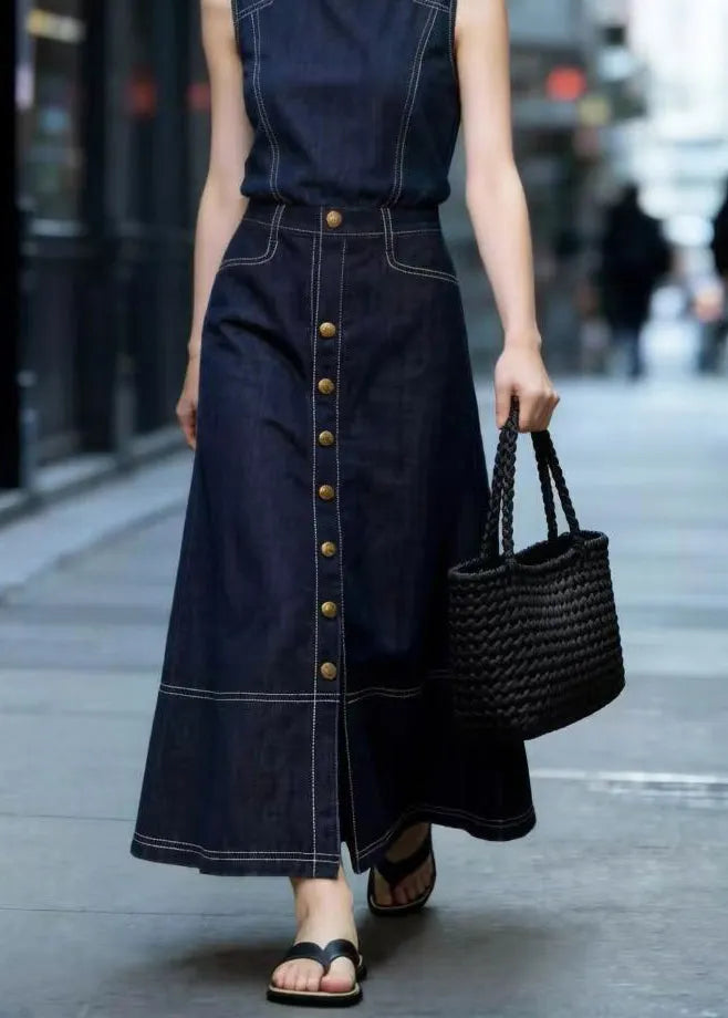 Style Navy High Waist Side Open Denim a Line Skirt Spring