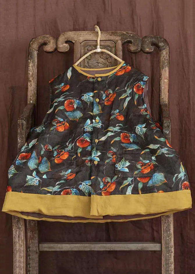 Purple O-neck Print Pockets Fine Cotton Filled Vest Sleeveless