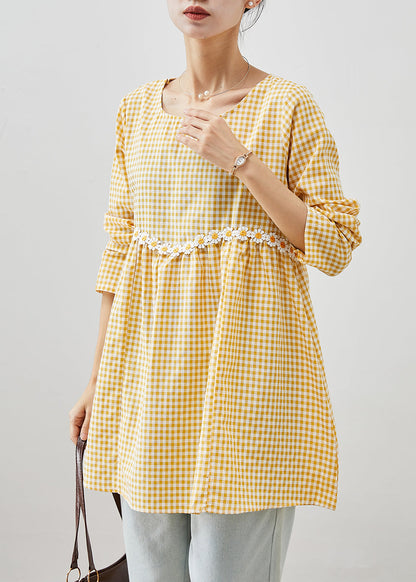 Yellow Plaid Patchwork Daisy Cotton Blouses Fall