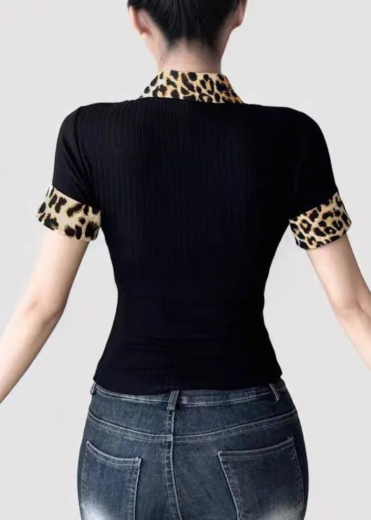 American Leopard Print Peter Pan Collar Patchwork Fake Two T-shirt Summer