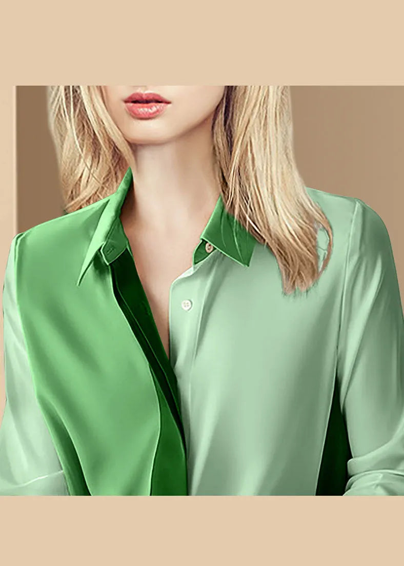 Italian Green Button Peter Pan Collar Patchwork Blouse Top Long Sleeve