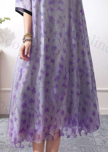 New Purple V Neck Print Silk Long Dresses Summer