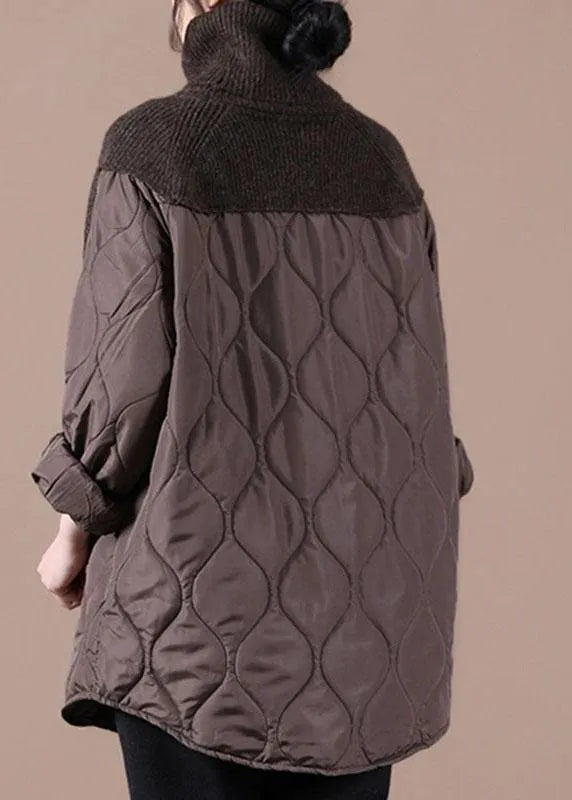 Chocolate Knitted High Neck Combed Rhombic Plaid Cotton Sweater