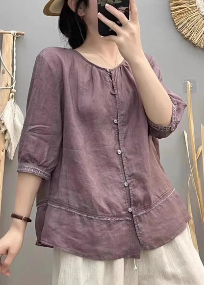 Brick Red Embroidered Patchwork Cotton Blouse Tops Summer
