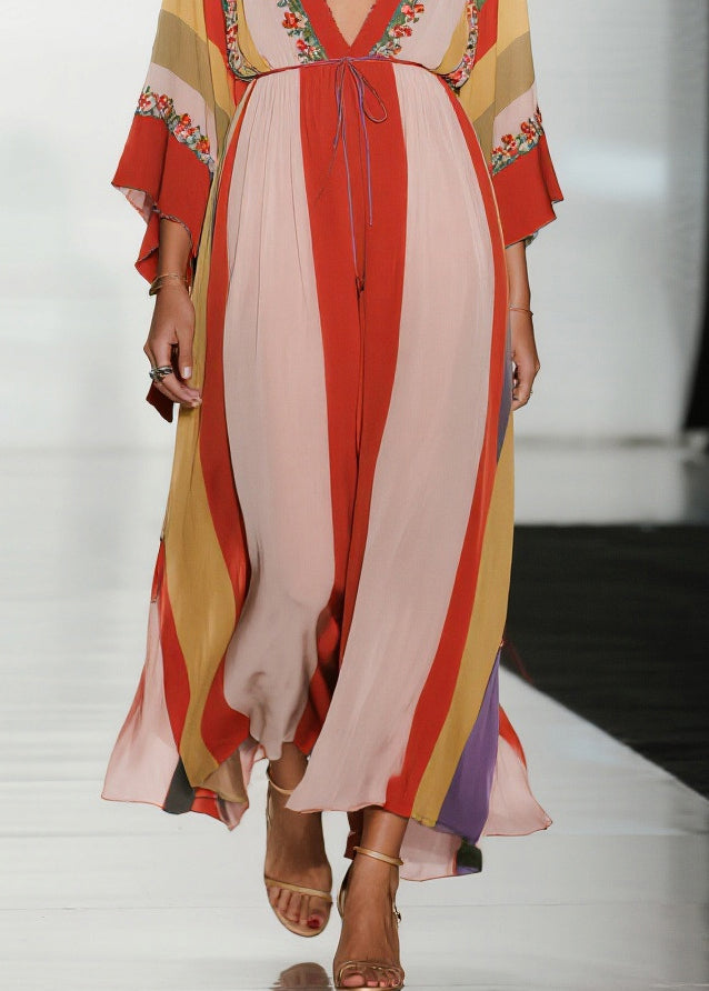 Colorblock V Neck Print Chiffon Holiday Dress Summer