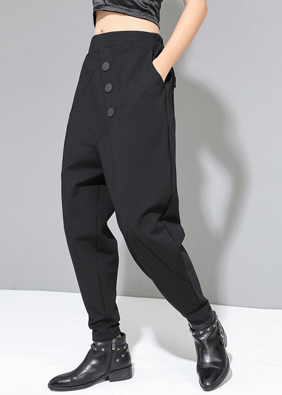 French Black Patchwork Pockets Button Fall Harem Pants
