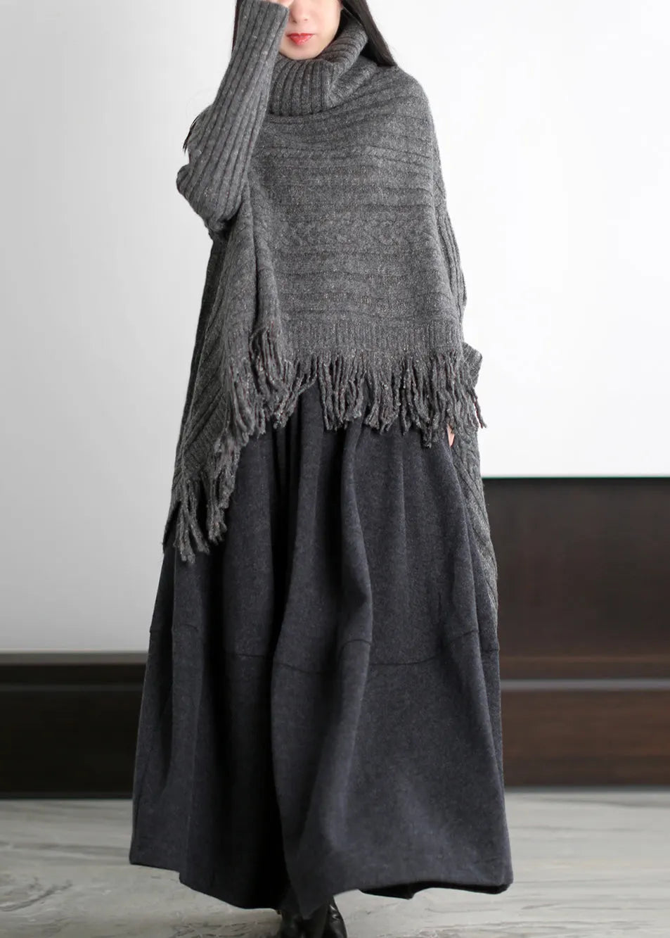 French Grey Turtle Neck Low High Design Knitted Tops Winter