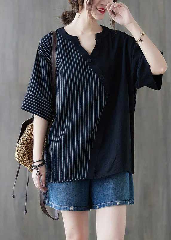 Black V Neck Striped Cotton Blouse Tops Half Sleeve