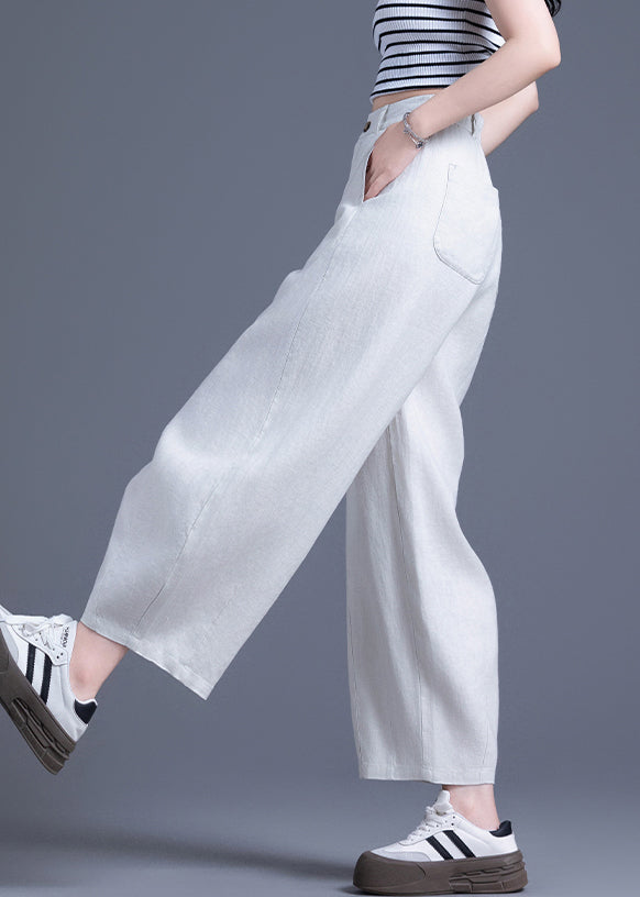 Beige Zippered Elastic Waist Linen Wide Leg Pants