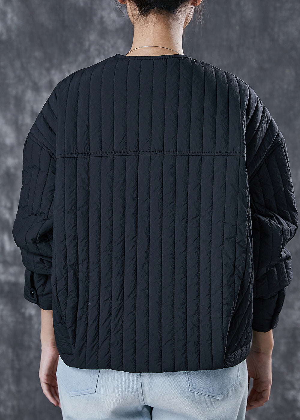 Unique Black O-neck Zip Up Fine Cotton Filled Coat Spring