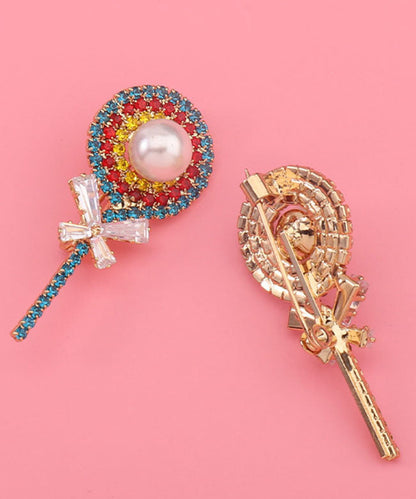 Pink Zircon Pearl Bow Lollipop Brooches