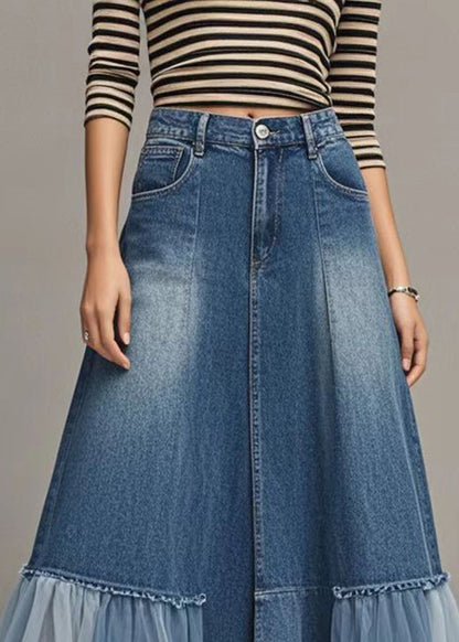 Stylish Blue High Waist Patchwork Tulle Denim a Line Skirts Spring