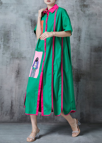 Green Patchwork Cotton a Line Dresses Applique Summer
