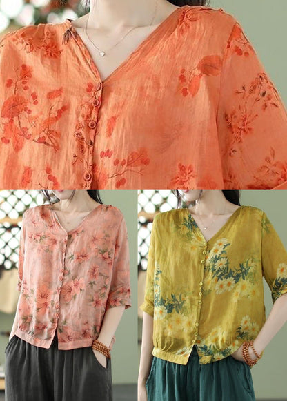 Orange Print Slim Fit Linen Shirt Top Half Sleeve