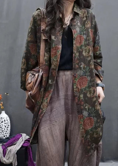 Coffee Peter Pan Collar Print Long Linen Shirts Long Sleeve