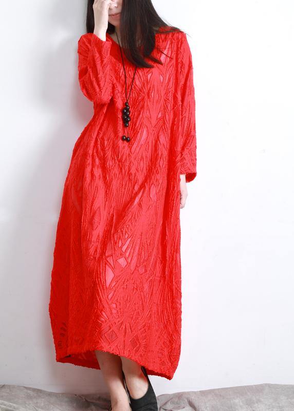 Organic Red Jacquard O-neck Loose Silk Dress Summer