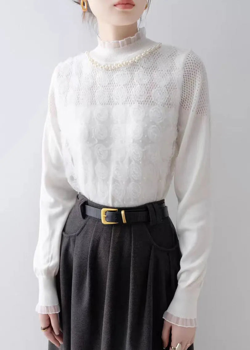 Modern White Ruffled Knit Top Spring