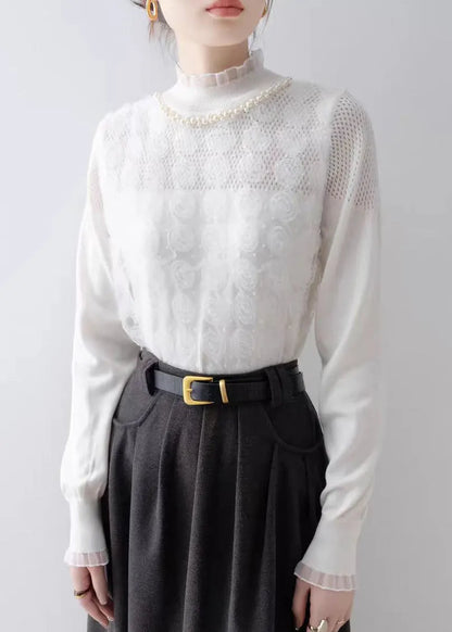 Modern White Ruffled Knit Top Spring