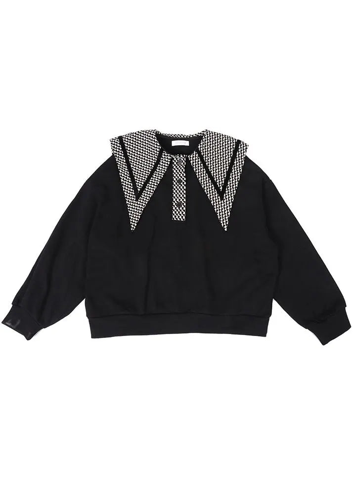 Black Peterpan Collar Button Print Fall Loose Sweatshirts Top