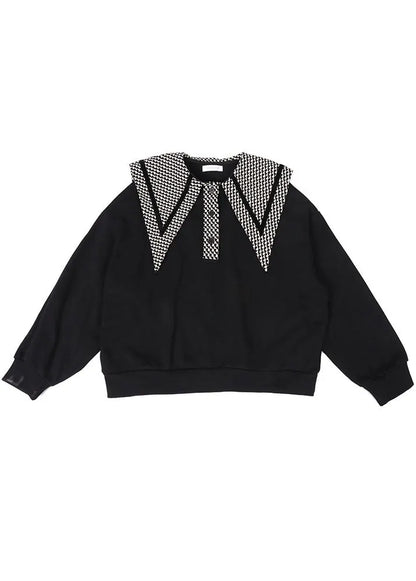 Black Peterpan Collar Button Print Fall Loose Sweatshirts Top