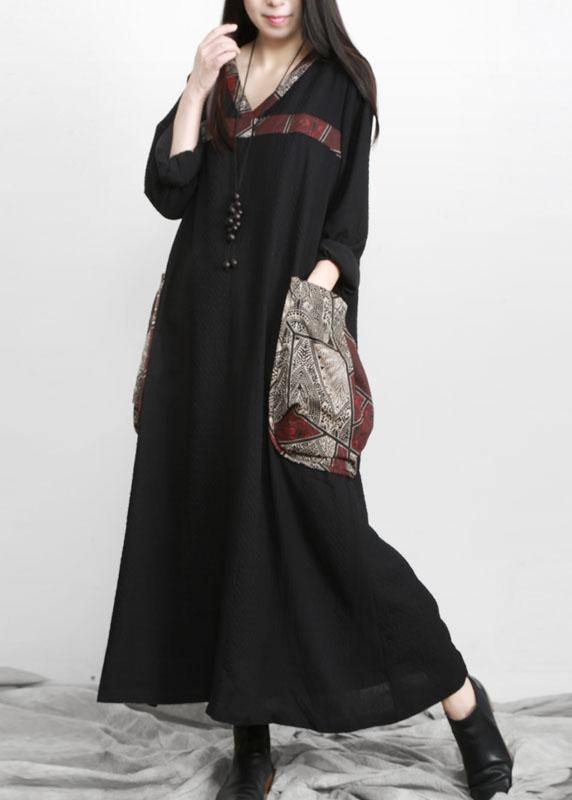 Black V Neck Patchwork Print Pockets Dress Fall