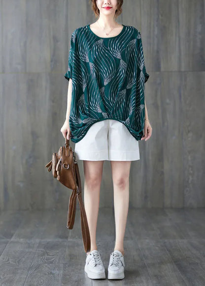 Green O-neck Print Cotton Pullover Tops Short Sleeve