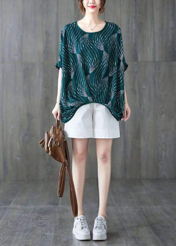 Green O-neck Print Cotton Pullover Tops Short Sleeve