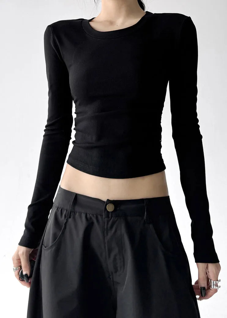 Black O Neck Lace Patchwork Cotton T Shirts Fall