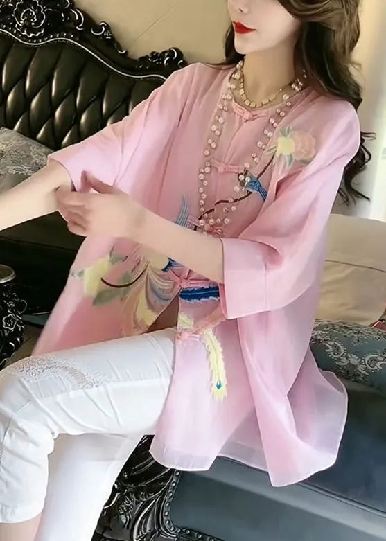 Fine Pink O-neck Embroideried Button Silk Shirt Summer