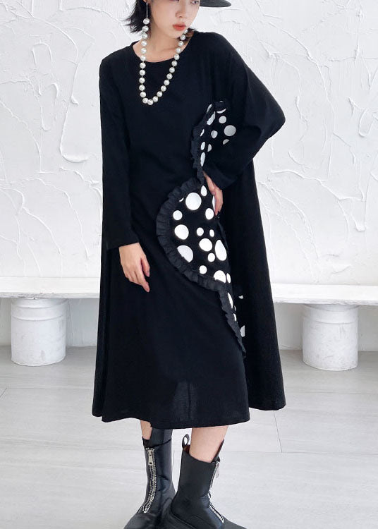 Italian Black Ruffled Patchwork Print Fall Ankle Dress Long Sleeve
