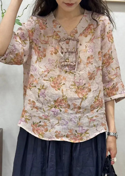 Pink Chinese Button Print Linen Shirt Half Sleeve
