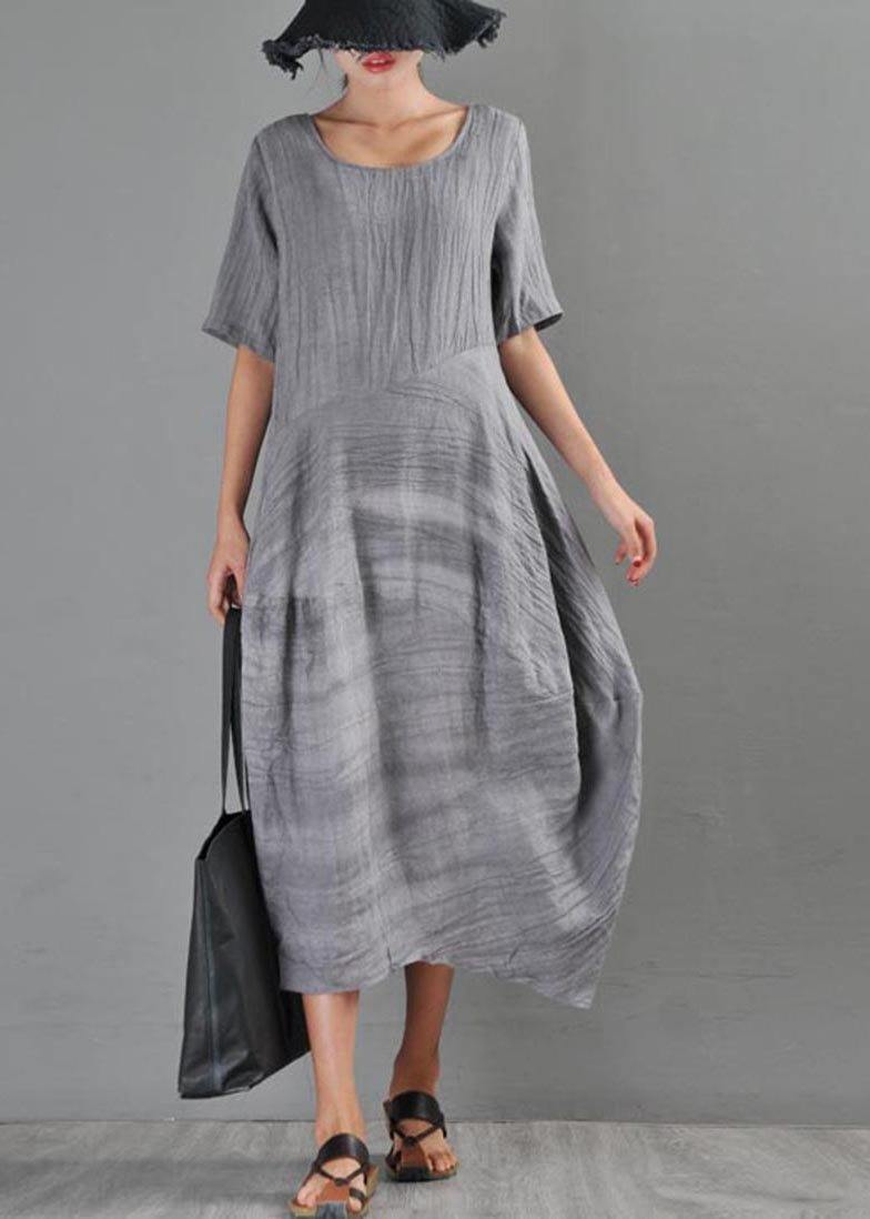 Natural Grey Asymmetrical Design Cotton Linen Long Dress Summer