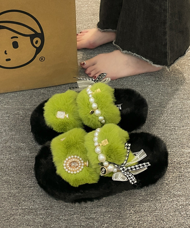 New Khaki Nail Bead Bow Platform Teddy Slide Sandals