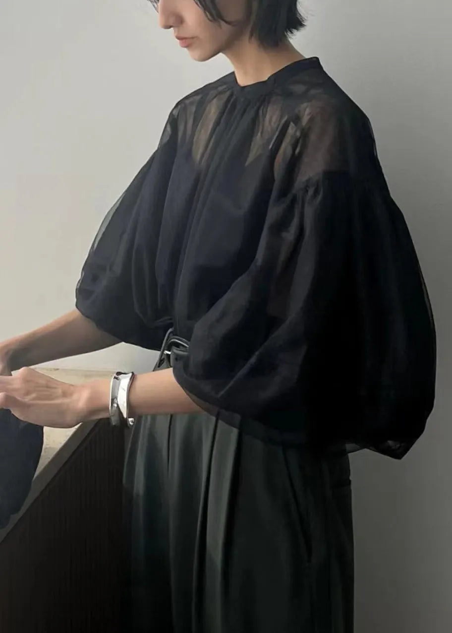 Fine Black Puff Sleeve Tulle Sheer Tops Summer