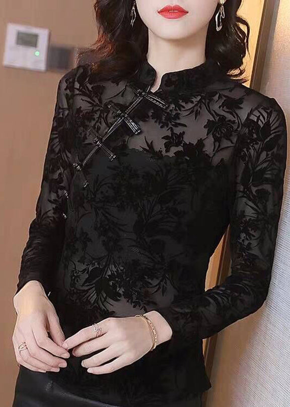 Black Stand Collar Embroideried Lace Top Fall
