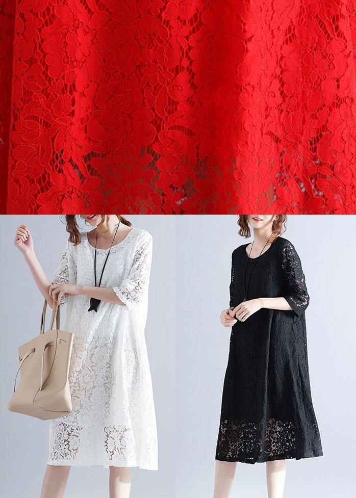 Loose Red O-neck Hollow Out Lace Summer Party Dress Half Sleeve