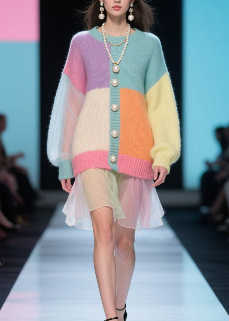Colorblock O Neck Tulle Patchwork Knit Dress Fall