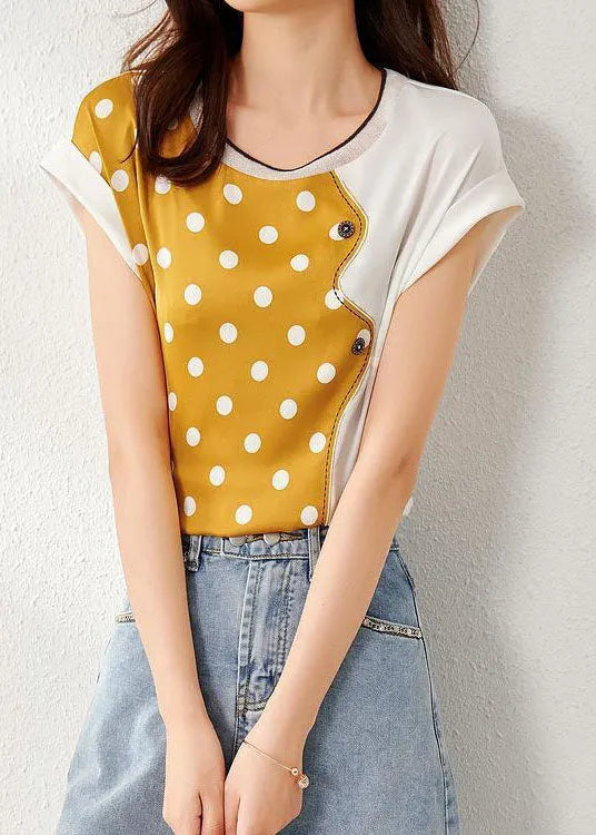 Yellow O Neck Patchwork Print Silk Top Summer