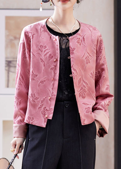 Chinese Style Pink O-neck Print Coats Batwing Sleeve