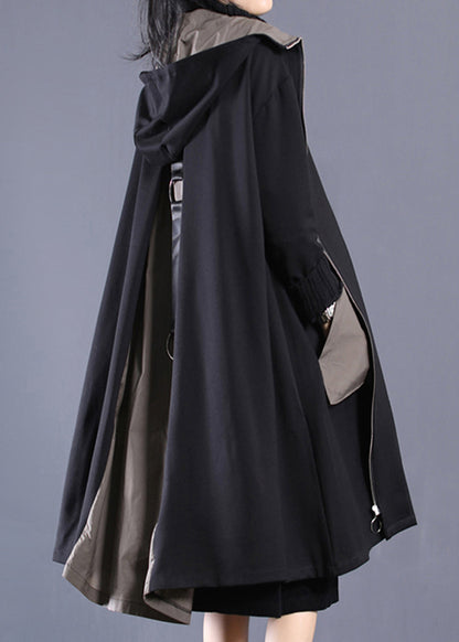 Black Patchwork Zippered Long Hoodie Trench Coat Long Sleeve