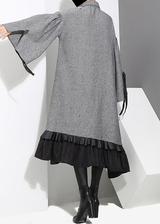 Art Grey Low High Design Ruffled Patchwork Shirt Dress Spring