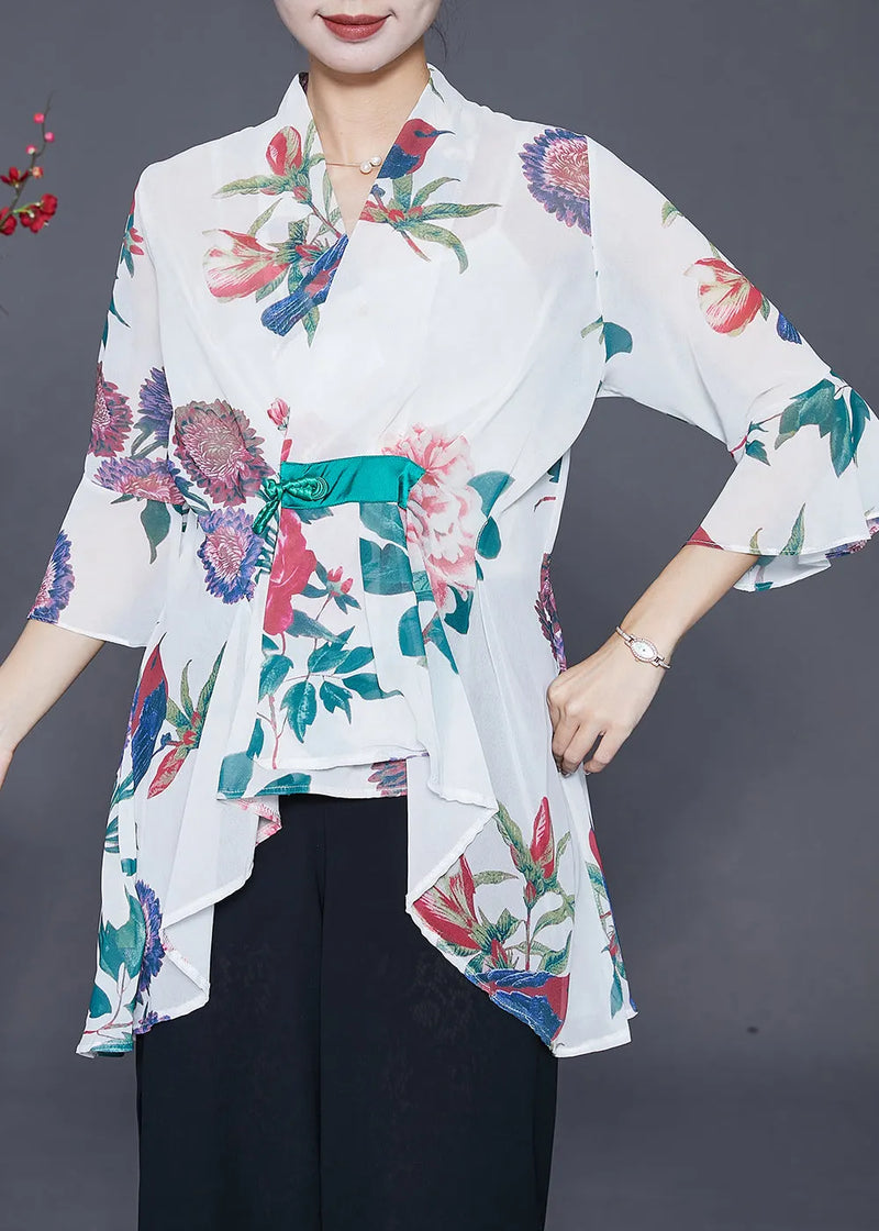 White Asymmetrical Print Chiffon Shirts Flare Sleeve