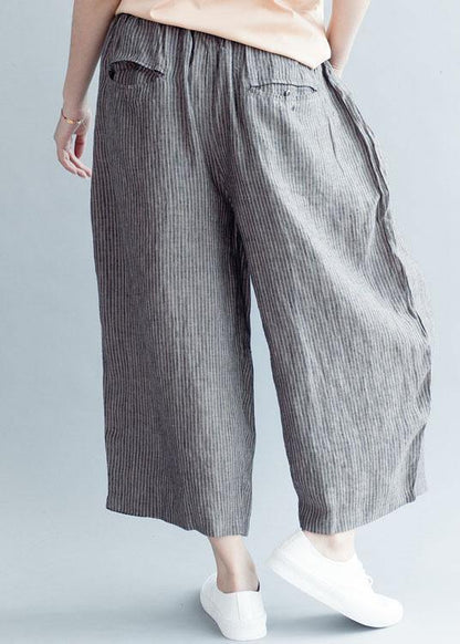 Grey Striped Pockets Wide Leg Fall Pants