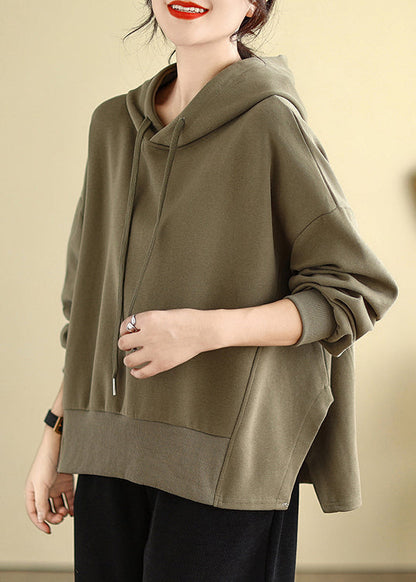 Brown Hooded Side Open Cotton Sweatshirts Fall