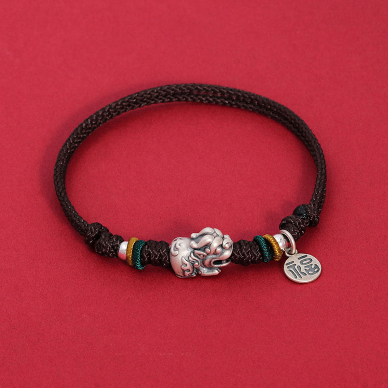 Buddha Stones 925 Sterling Silver Pixiu Fu Character Wealth Luck Handmade Braided Bracelet