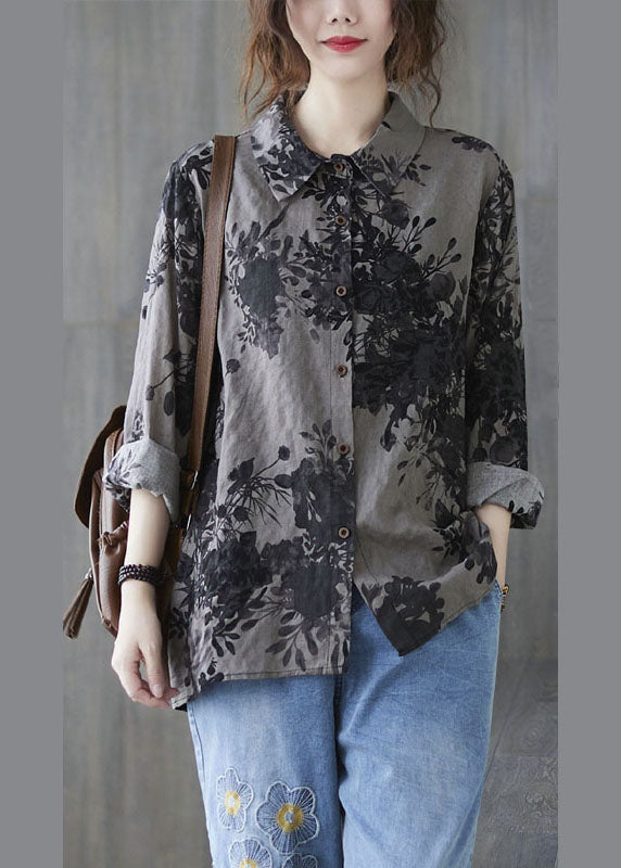 Unique Black Flower Peter Pan Collar Button Print Fall Blouses Long Sleeve