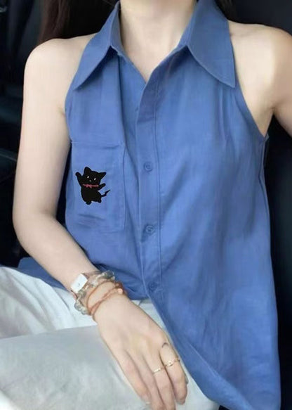 Blue Peter Pan Collar Button Cotton Shirt Tops Sleeveless