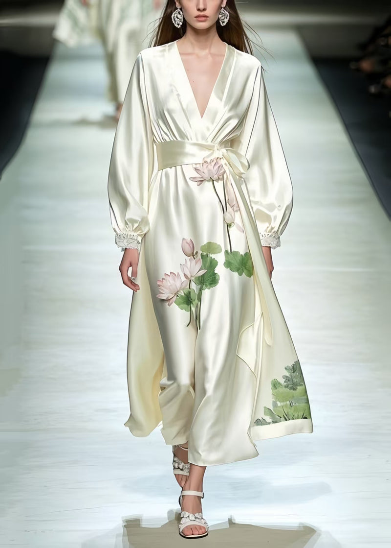 Milk White Tunic Lotus Flower Print Silk Dresses Spring